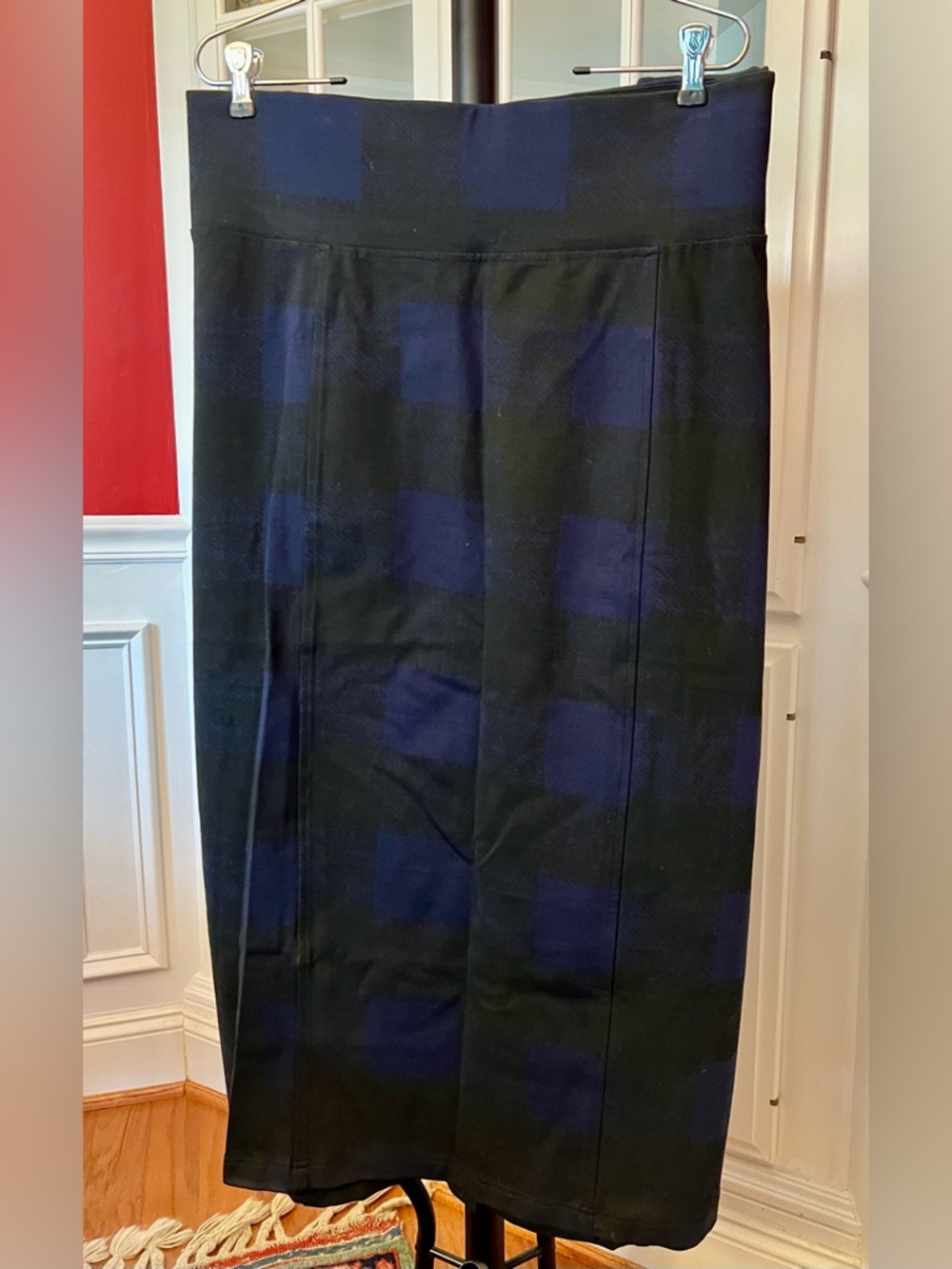 Melissa McCarthy Seven7 Black and Blue Plaid Midi Skirt
